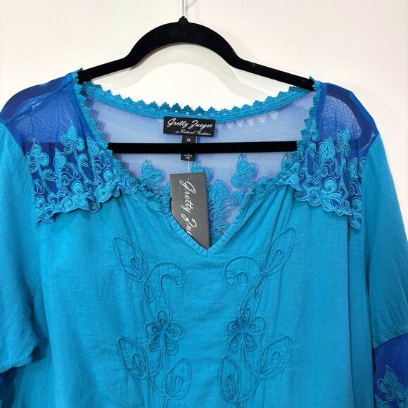 Gretty Zueger Blue Floral Cotton Embroidered Boho Tunic Top Women XL Lagenlook - Picture 3 of 12